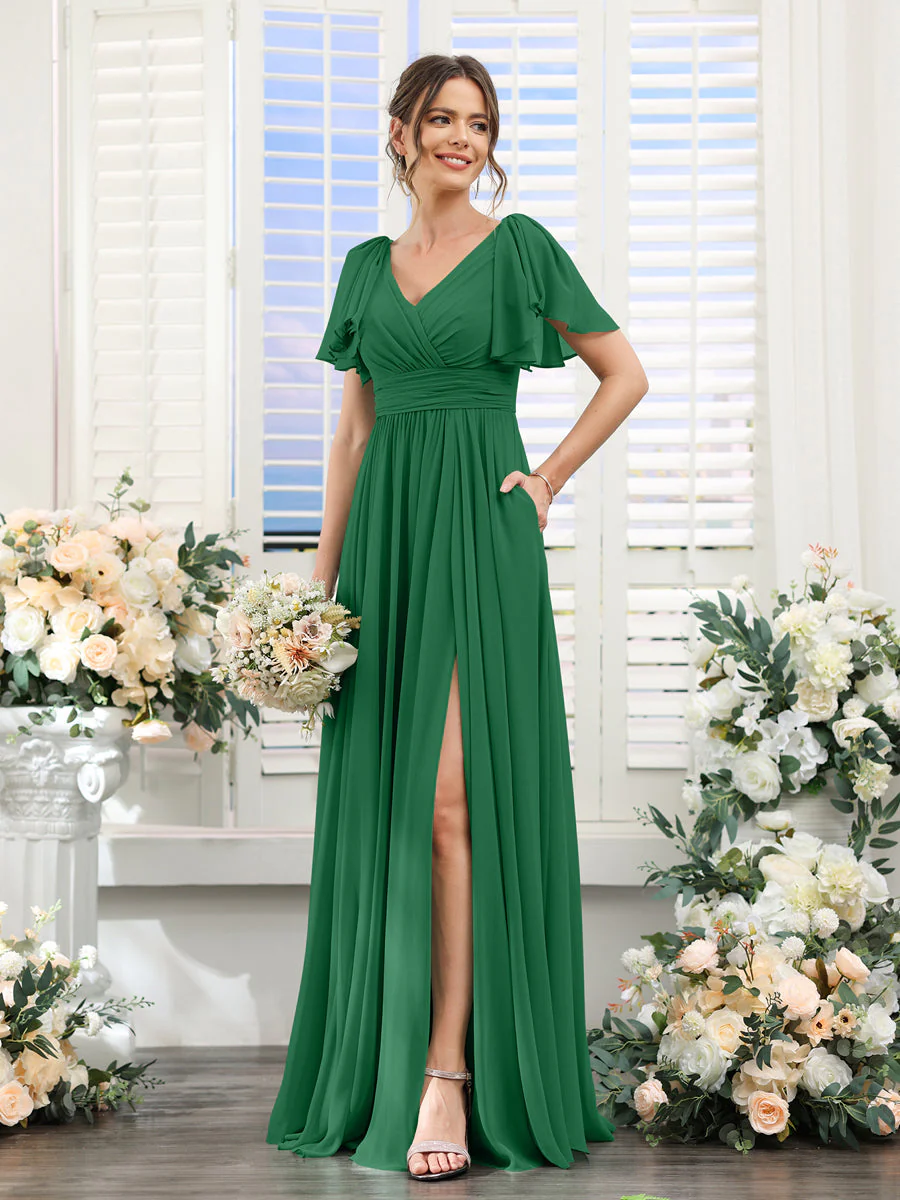 A-Line/Princess V-Neck Short Sleeves Chiffon Bridesmaid Dresses with Split Side & Pockets - Image 68
