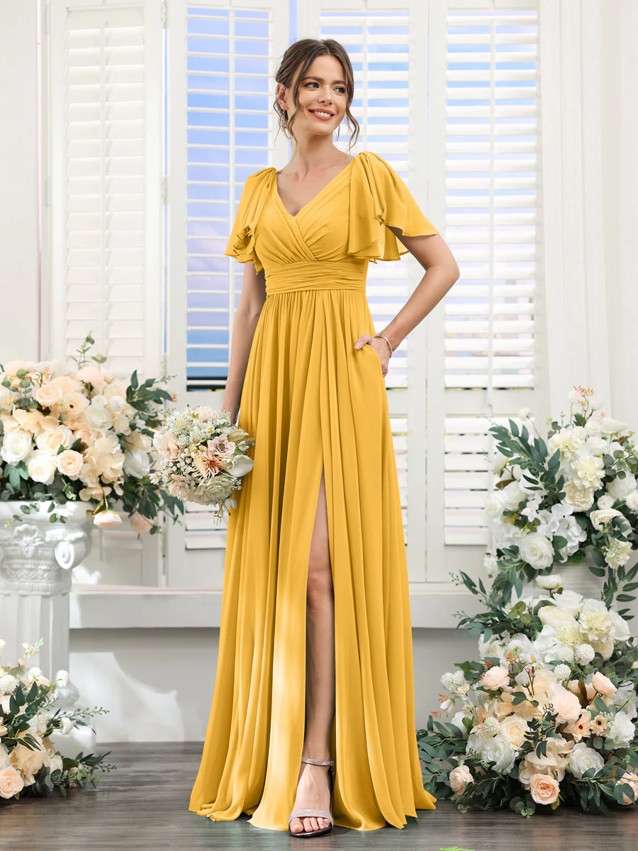 A-Line/Princess V-Neck Short Sleeves Chiffon Bridesmaid Dresses with Split Side & Pockets - Image 71