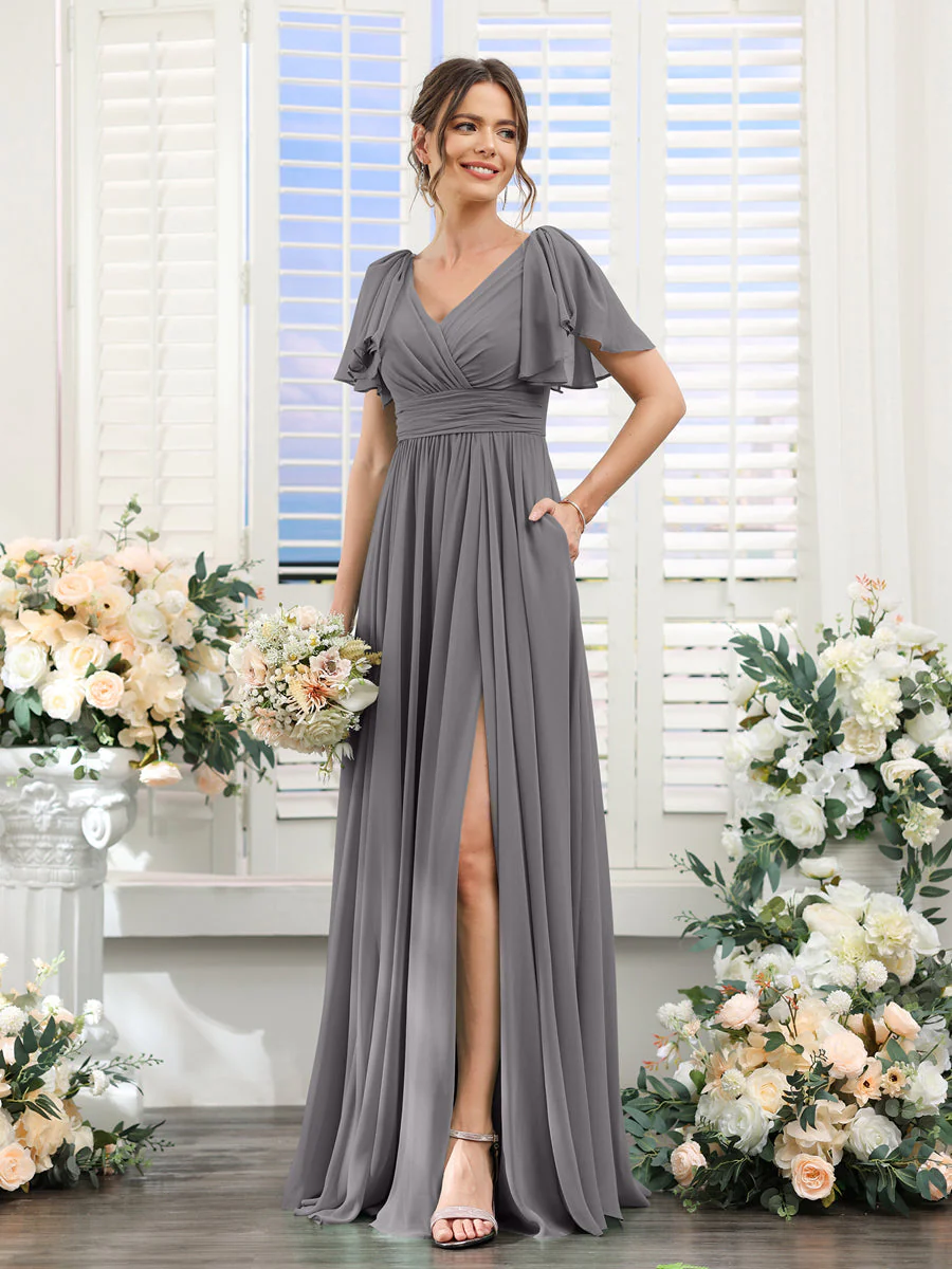 A-Line/Princess V-Neck Short Sleeves Chiffon Bridesmaid Dresses with Split Side & Pockets - Image 75