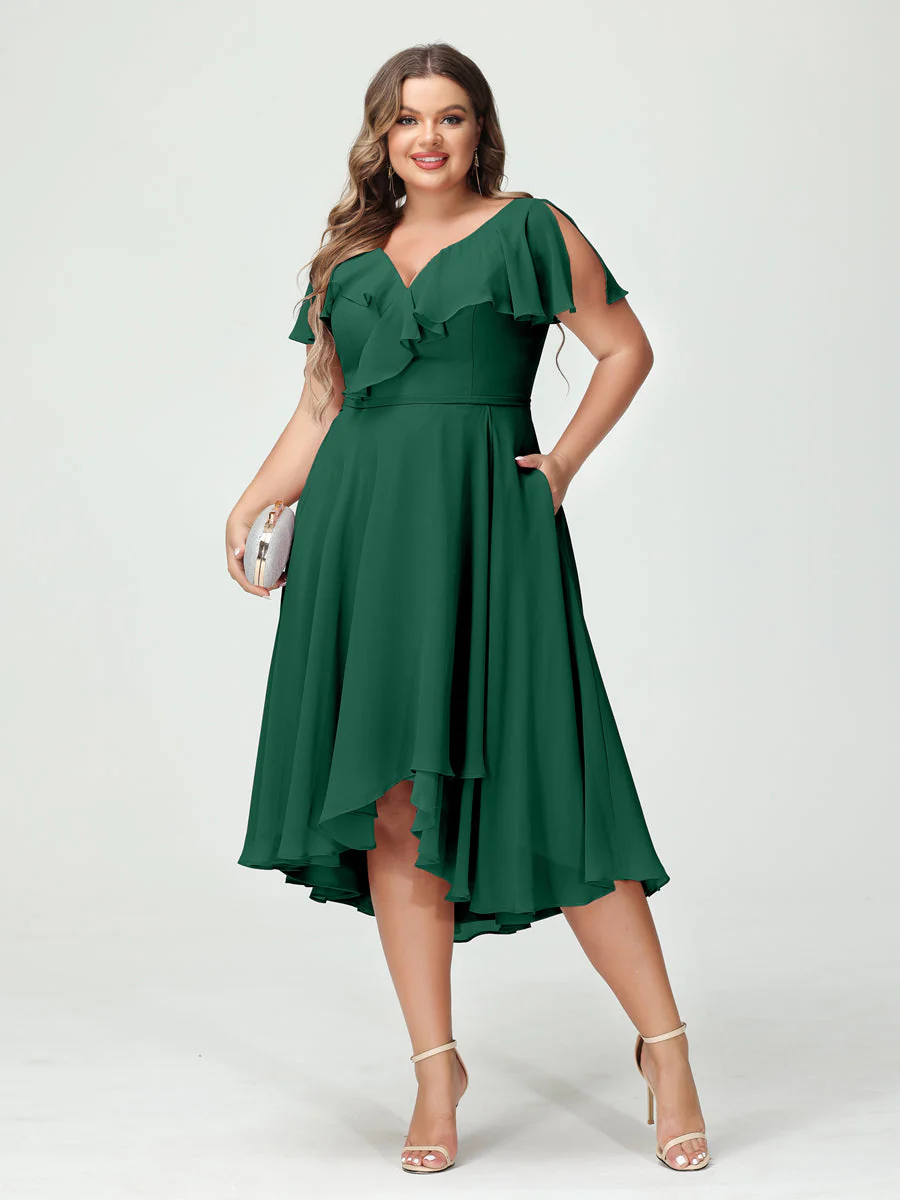 A-Line/Princess V-Neck Short Sleeves Chiffon High-Low Plus Size Bridesmaid Dresses with Pockets & Ruffles - Image 12