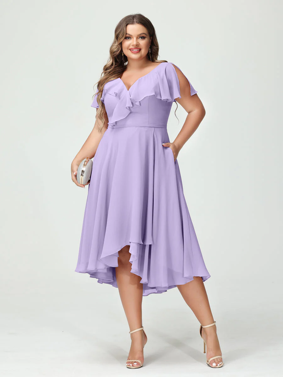 A-Line/Princess V-Neck Short Sleeves Chiffon High-Low Plus Size Bridesmaid Dresses with Pockets & Ruffles - Image 15