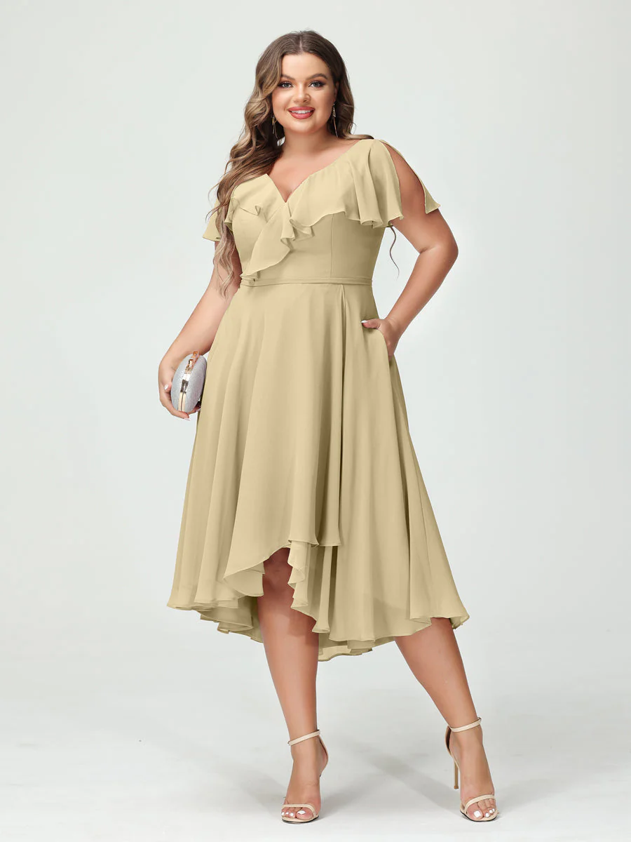 A-Line/Princess V-Neck Short Sleeves Chiffon High-Low Plus Size Bridesmaid Dresses with Pockets & Ruffles - Image 25