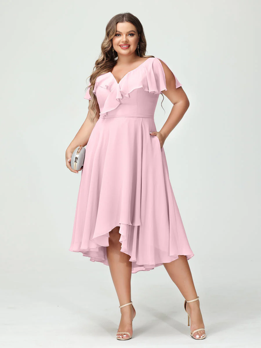 A-Line/Princess V-Neck Short Sleeves Chiffon High-Low Plus Size Bridesmaid Dresses with Pockets & Ruffles - Image 26