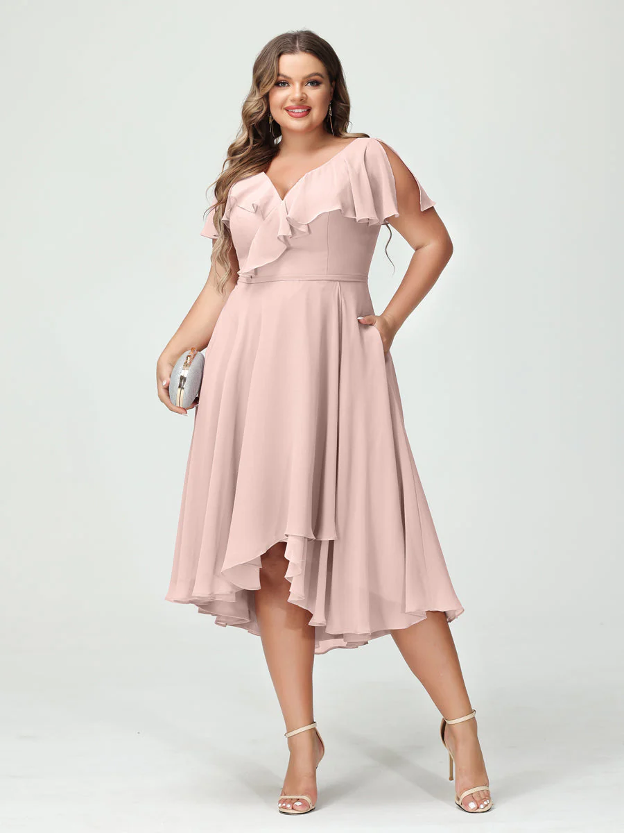 A-Line/Princess V-Neck Short Sleeves Chiffon High-Low Plus Size Bridesmaid Dresses with Pockets & Ruffles - Image 27