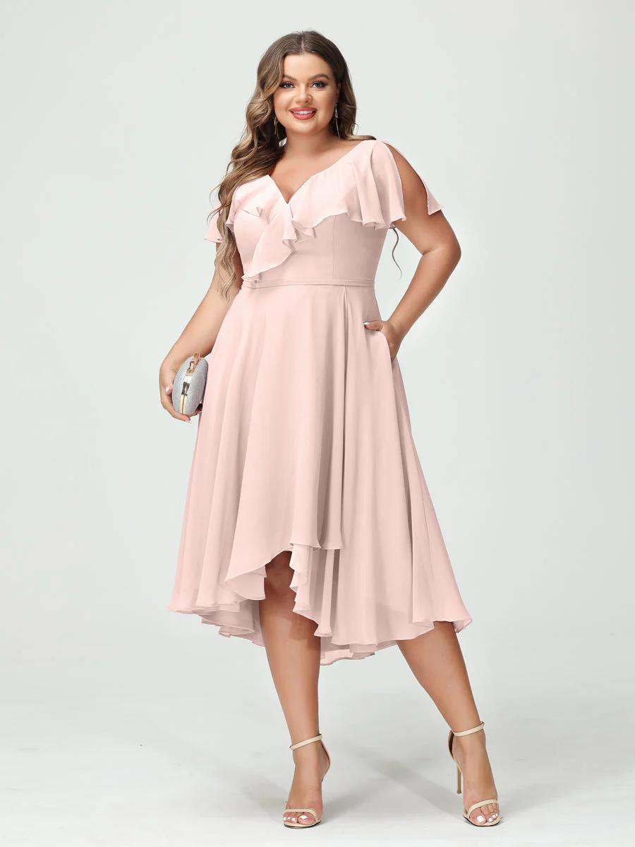 A-Line/Princess V-Neck Short Sleeves Chiffon High-Low Plus Size Bridesmaid Dresses with Pockets & Ruffles - Image 28