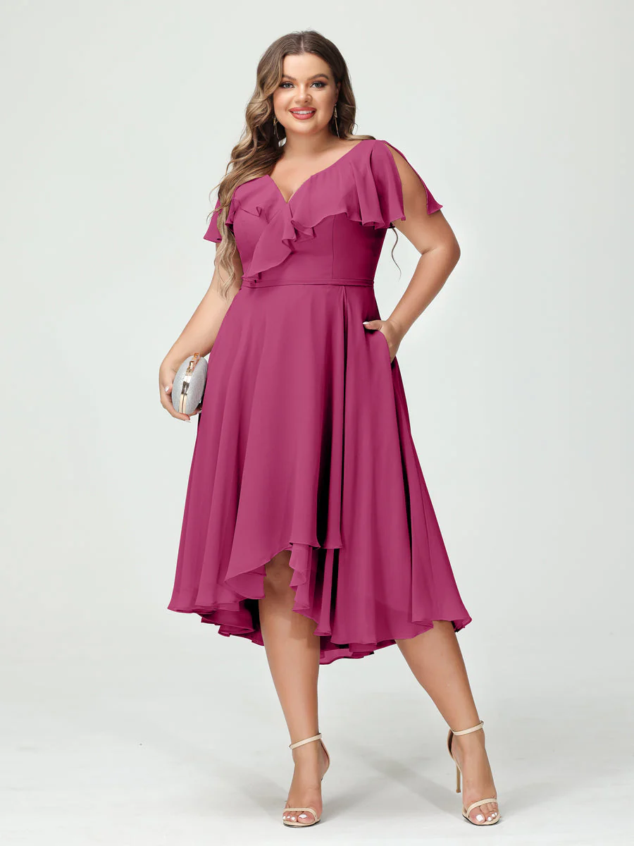 A-Line/Princess V-Neck Short Sleeves Chiffon High-Low Plus Size Bridesmaid Dresses with Pockets & Ruffles - Image 36