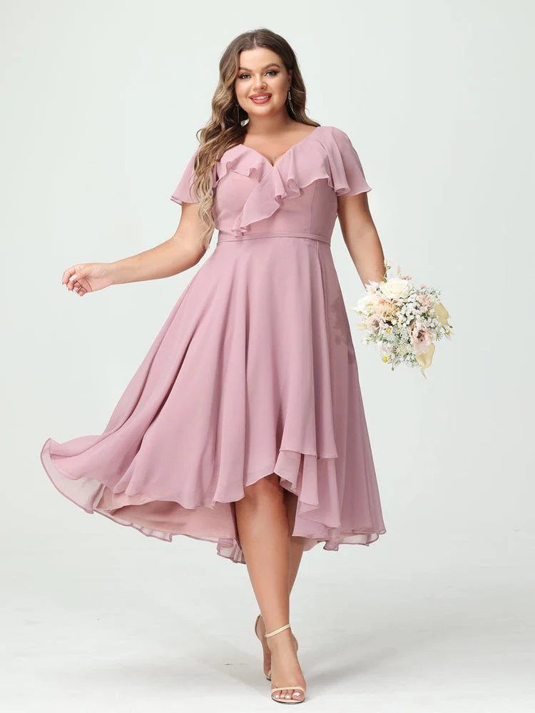 A-Line/Princess V-Neck Short Sleeves Chiffon High-Low Plus Size Bridesmaid Dresses with Pockets & Ruffles - Image 4