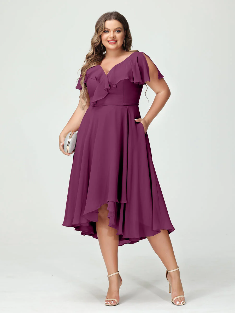 A-Line/Princess V-Neck Short Sleeves Chiffon High-Low Plus Size Bridesmaid Dresses with Pockets & Ruffles - Image 45
