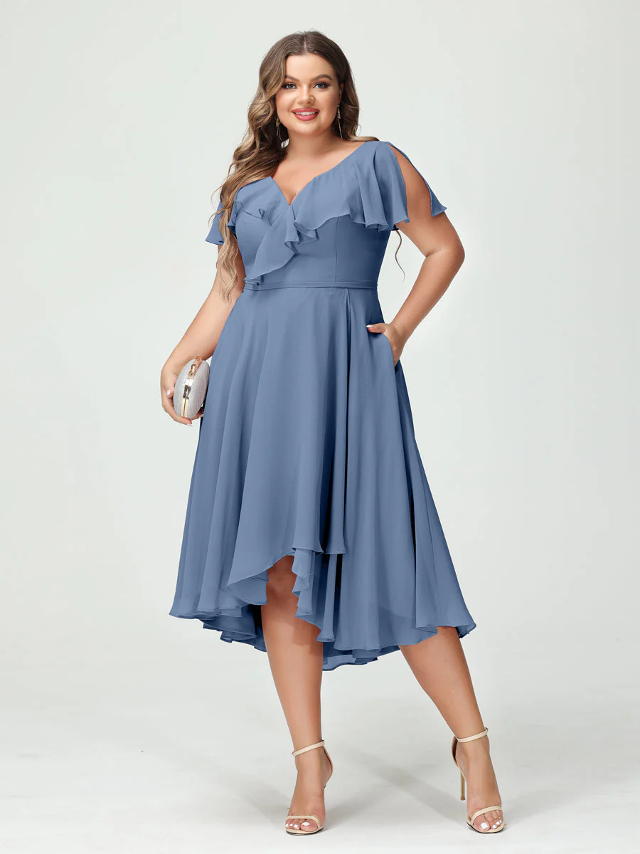A-Line/Princess V-Neck Short Sleeves Chiffon High-Low Plus Size Bridesmaid Dresses with Pockets & Ruffles - Image 52