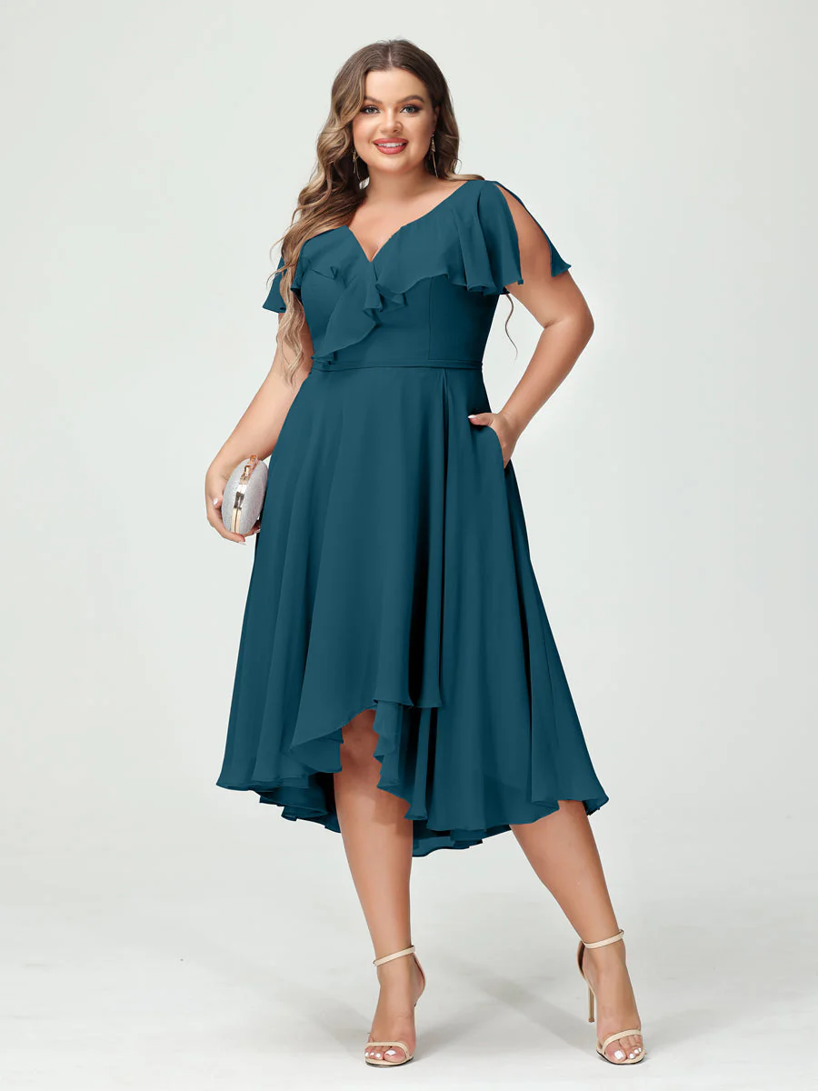 A-Line/Princess V-Neck Short Sleeves Chiffon High-Low Plus Size Bridesmaid Dresses with Pockets & Ruffles - Image 59