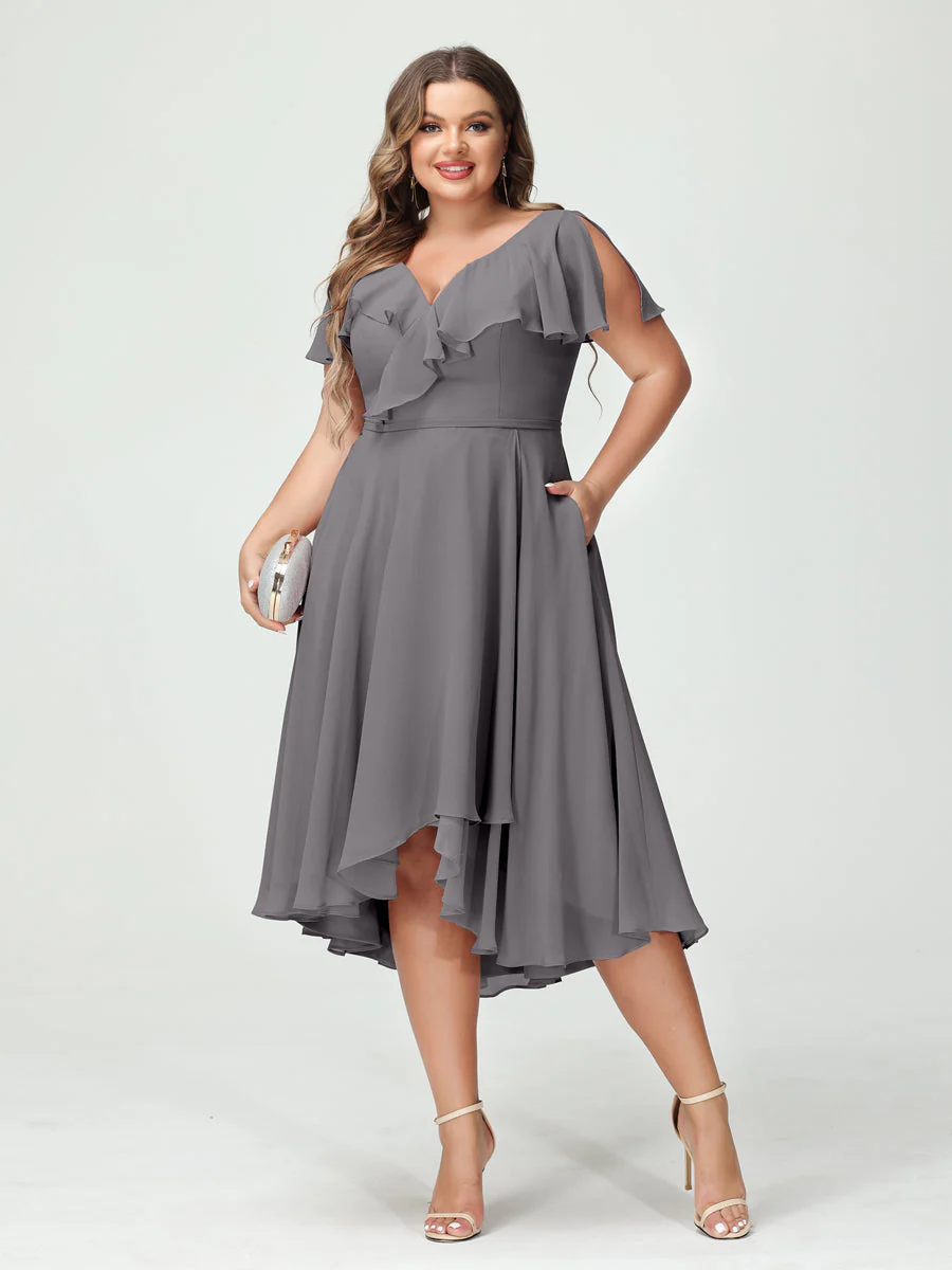 A-Line/Princess V-Neck Short Sleeves Chiffon High-Low Plus Size Bridesmaid Dresses with Pockets & Ruffles - Image 75