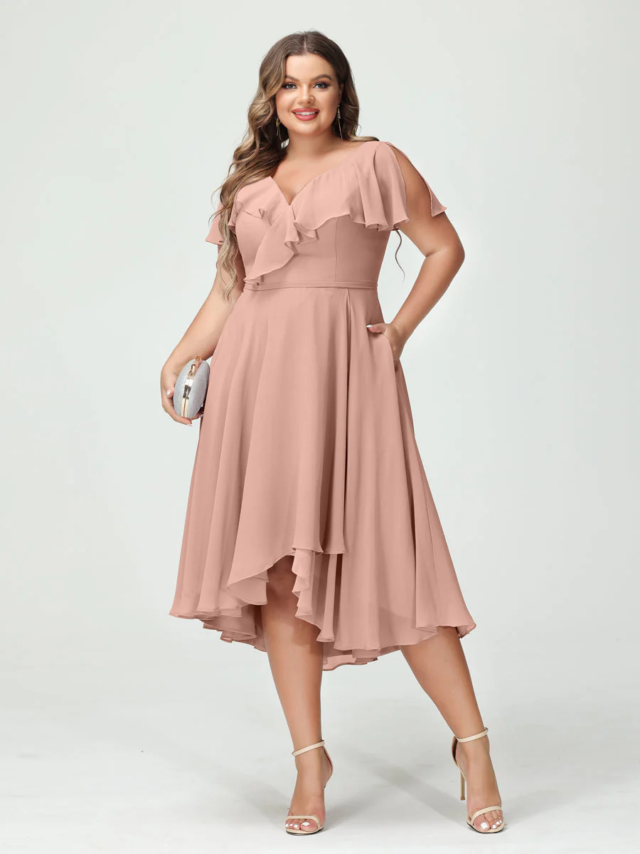 A-Line/Princess V-Neck Short Sleeves Chiffon High-Low Plus Size Bridesmaid Dresses with Pockets & Ruffles - Image 8