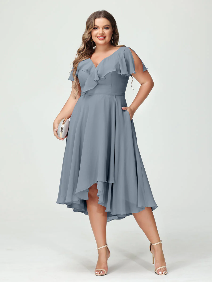 A-Line/Princess V-Neck Short Sleeves Chiffon High-Low Plus Size Bridesmaid Dresses with Pockets & Ruffles - Image 9