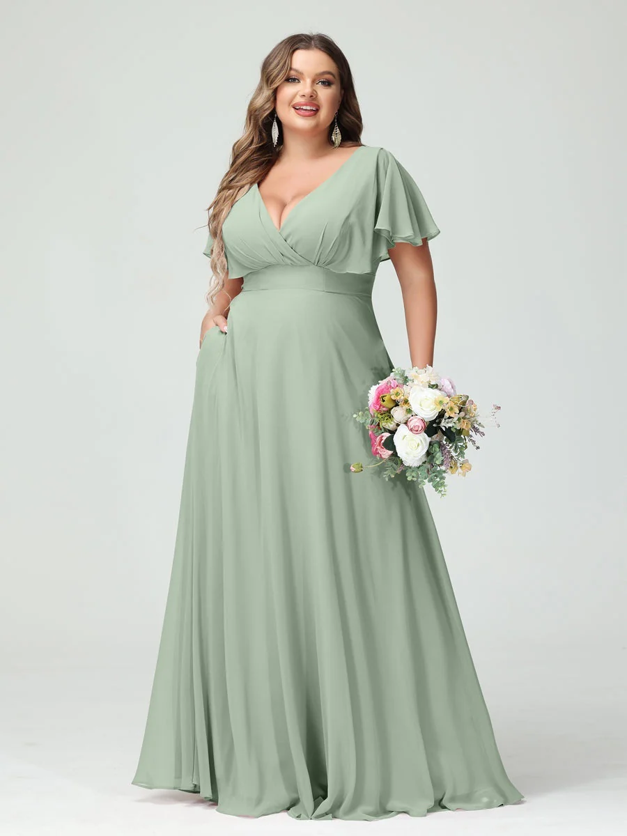 A-Line/Princess V-Neck Short Sleeves Chiffon Plus Size Bridesmaid Dresses with Pockets - Image 10