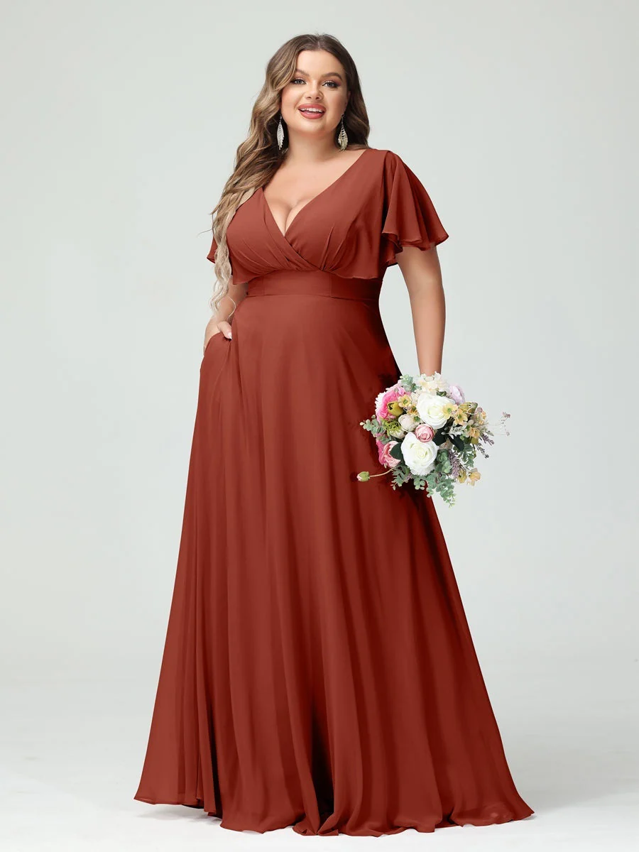 A-Line/Princess V-Neck Short Sleeves Chiffon Plus Size Bridesmaid Dresses with Pockets - Image 13