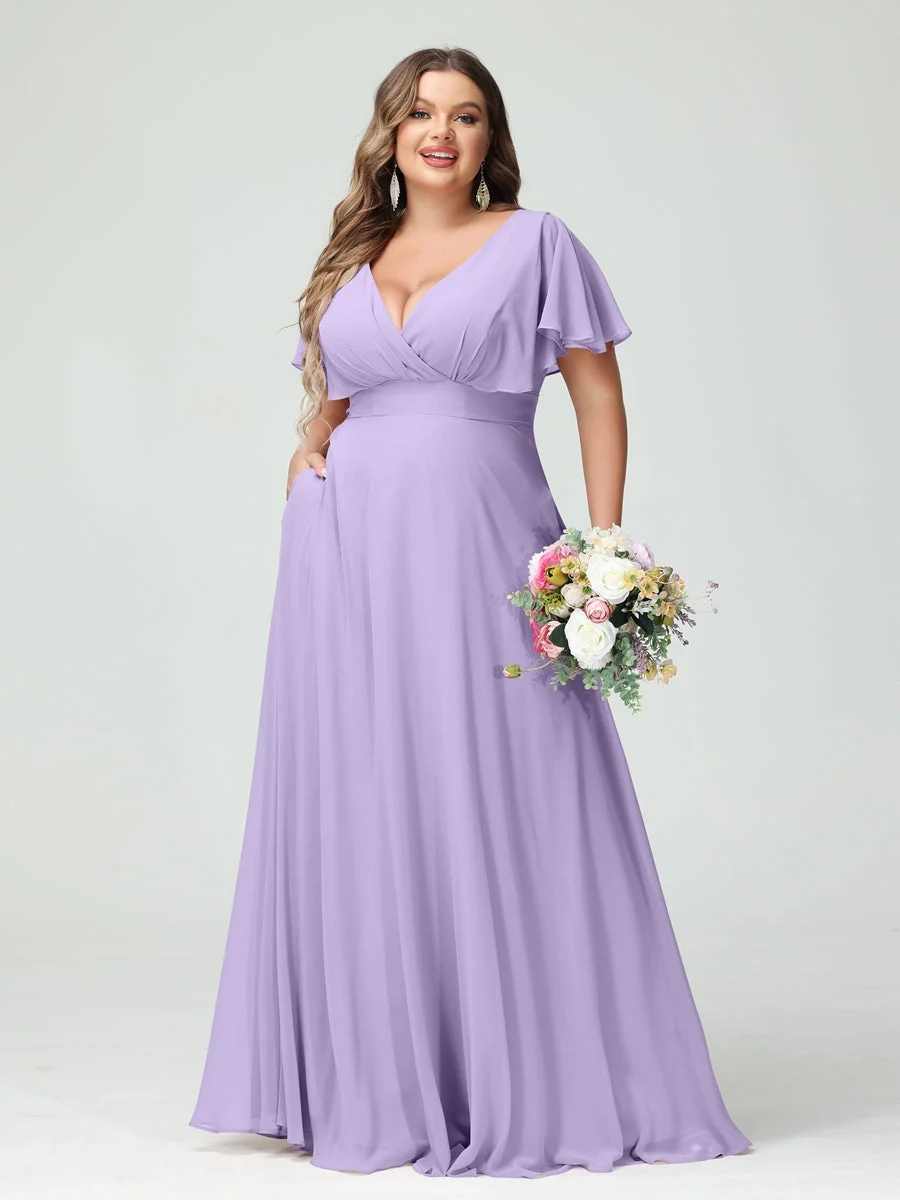 A-Line/Princess V-Neck Short Sleeves Chiffon Plus Size Bridesmaid Dresses with Pockets - Image 14