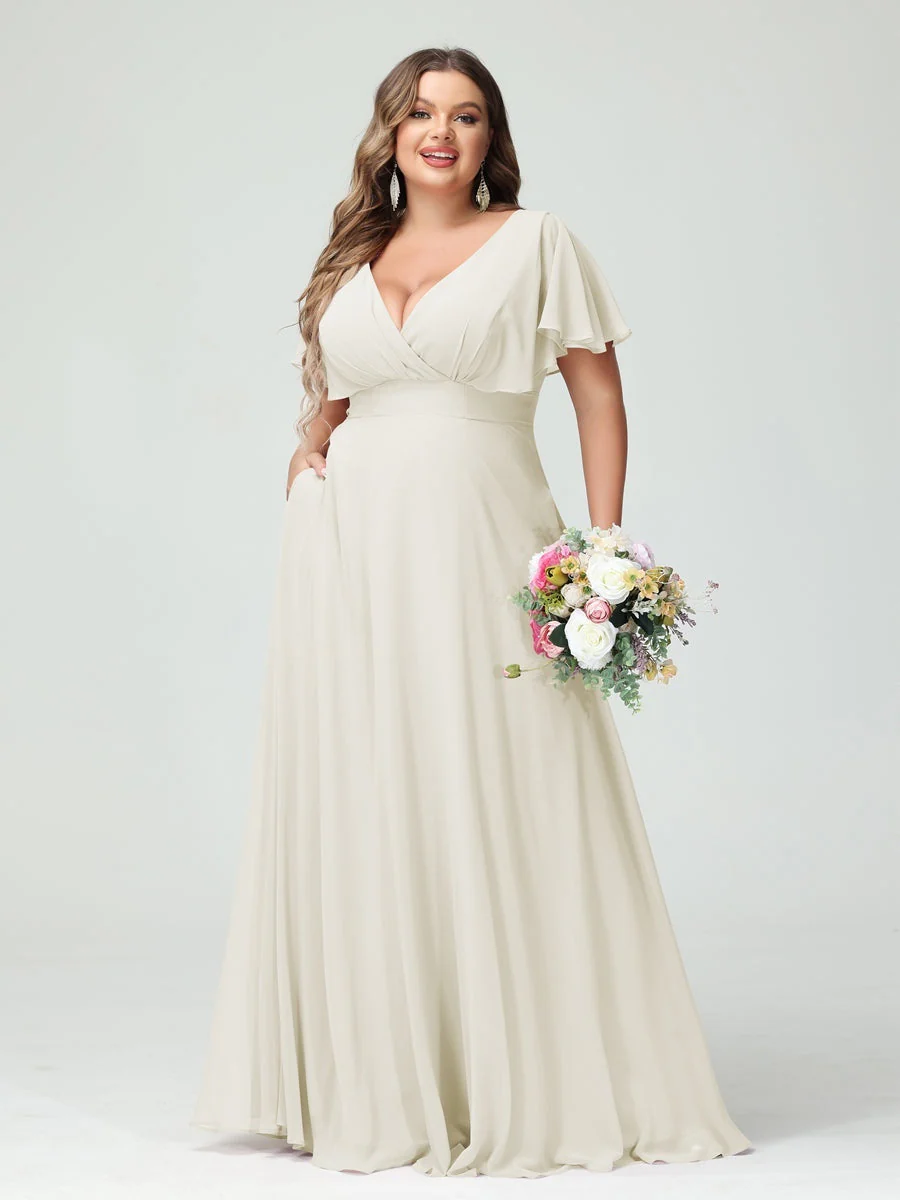 A-Line/Princess V-Neck Short Sleeves Chiffon Plus Size Bridesmaid Dresses with Pockets - Image 21