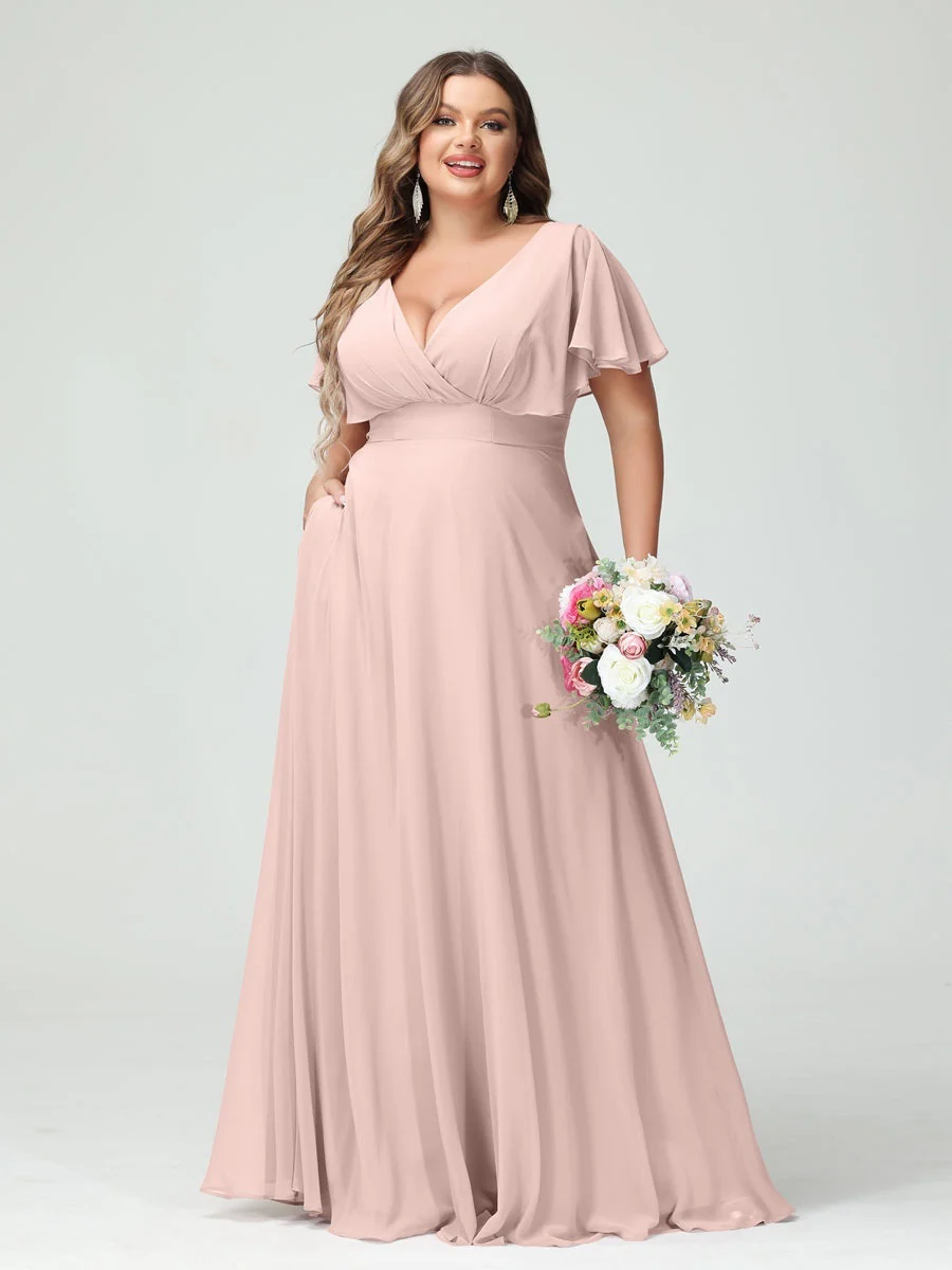 A-Line/Princess V-Neck Short Sleeves Chiffon Plus Size Bridesmaid Dresses with Pockets - Image 26