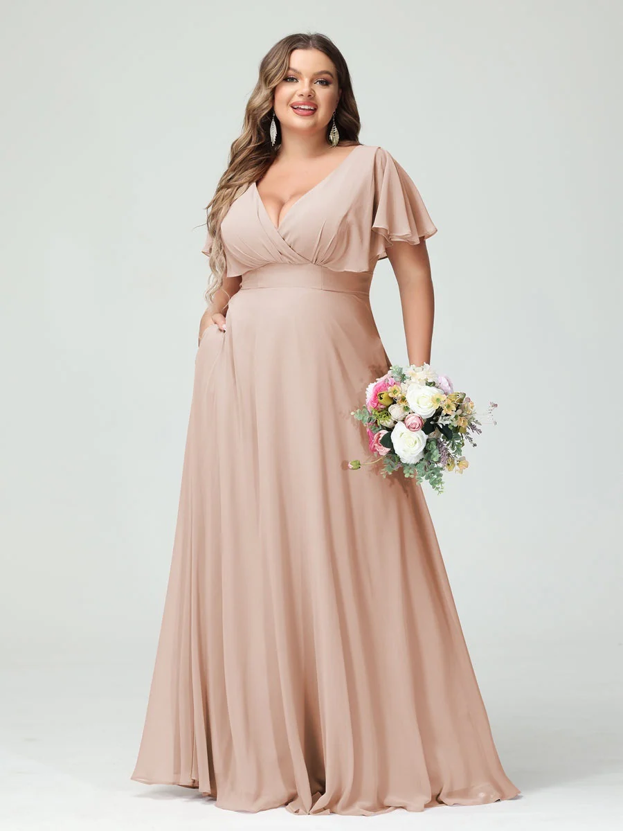 A-Line/Princess V-Neck Short Sleeves Chiffon Plus Size Bridesmaid Dresses with Pockets - Image 28
