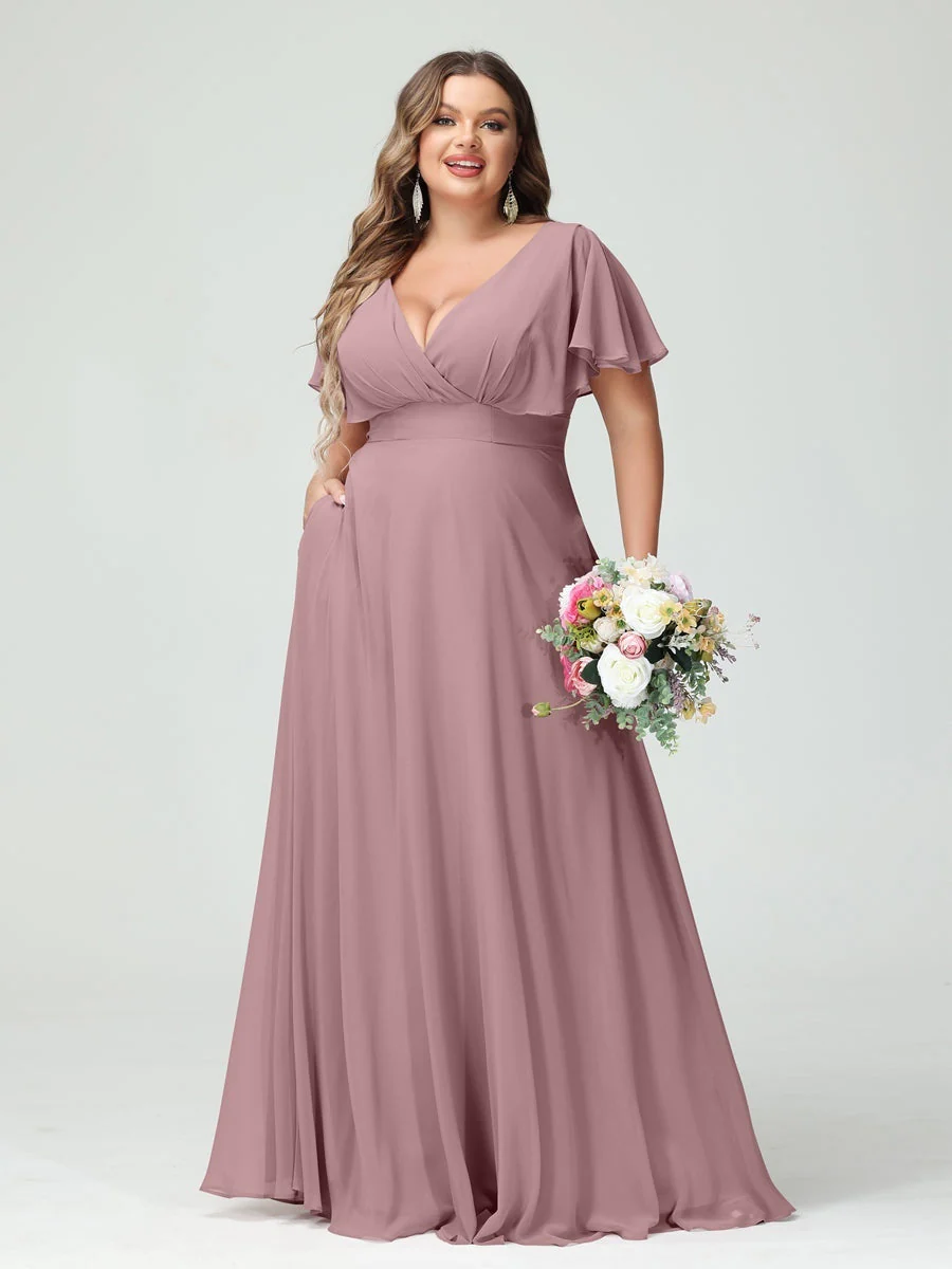 A-Line/Princess V-Neck Short Sleeves Chiffon Plus Size Bridesmaid Dresses with Pockets - Image 31