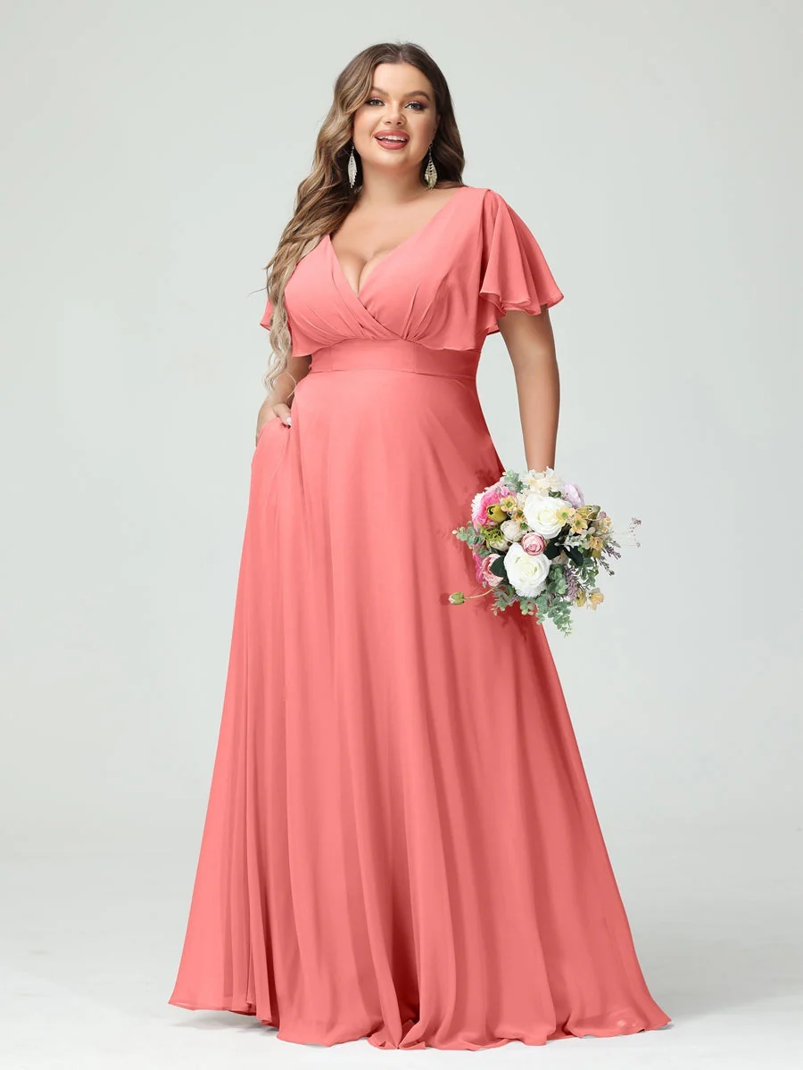 A-Line/Princess V-Neck Short Sleeves Chiffon Plus Size Bridesmaid Dresses with Pockets - Image 32