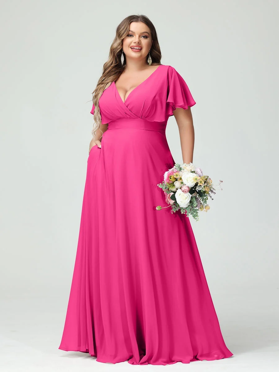 A-Line/Princess V-Neck Short Sleeves Chiffon Plus Size Bridesmaid Dresses with Pockets - Image 33