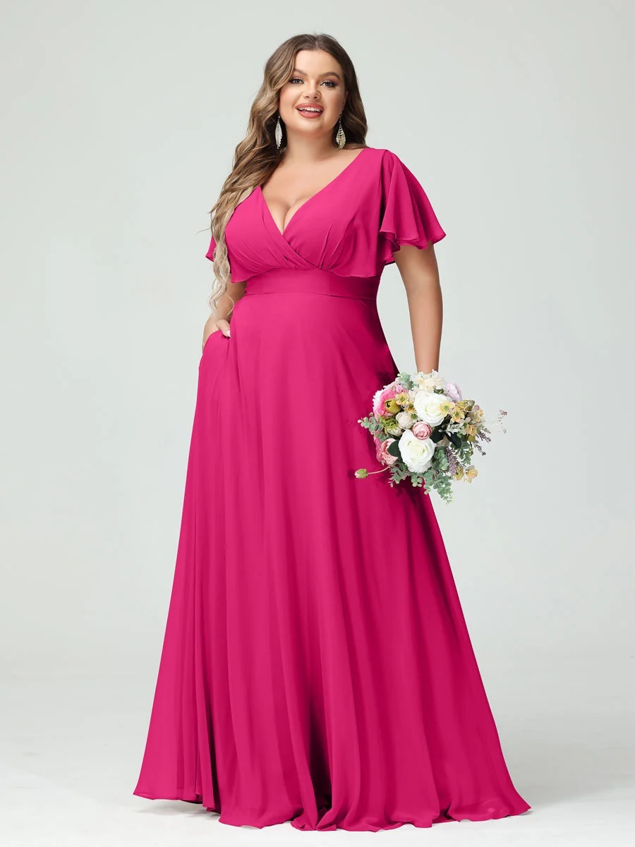 A-Line/Princess V-Neck Short Sleeves Chiffon Plus Size Bridesmaid Dresses with Pockets - Image 34