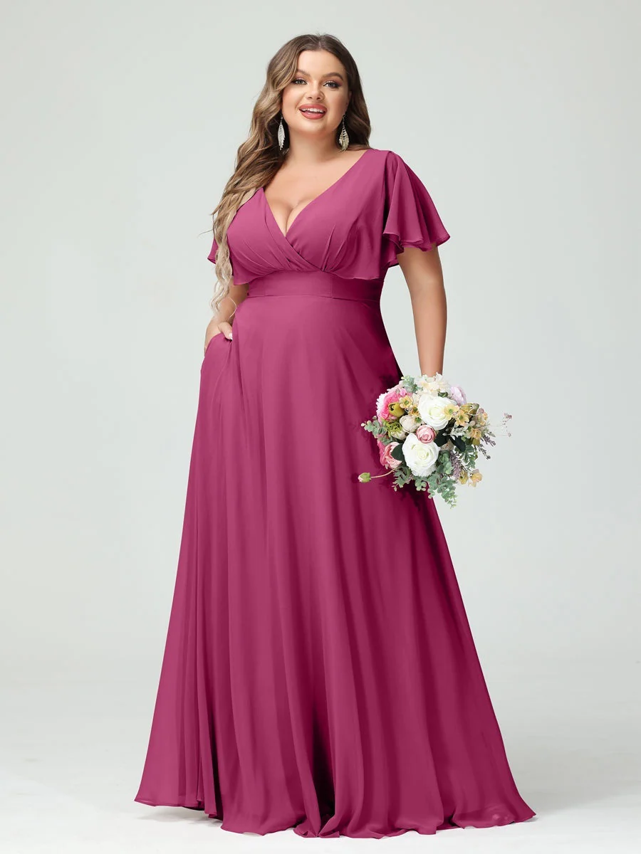 A-Line/Princess V-Neck Short Sleeves Chiffon Plus Size Bridesmaid Dresses with Pockets - Image 35
