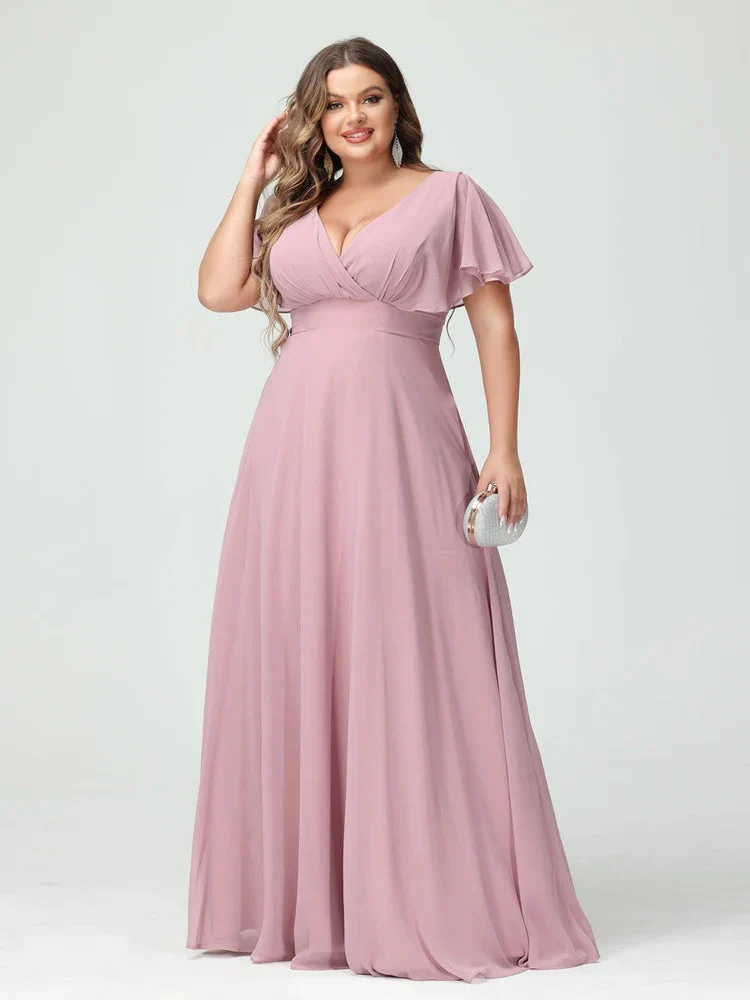 A-Line/Princess V-Neck Short Sleeves Chiffon Plus Size Bridesmaid Dresses with Pockets - Image 4
