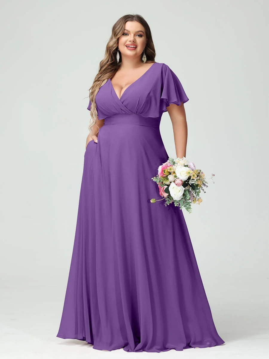 A-Line/Princess V-Neck Short Sleeves Chiffon Plus Size Bridesmaid Dresses with Pockets - Image 42