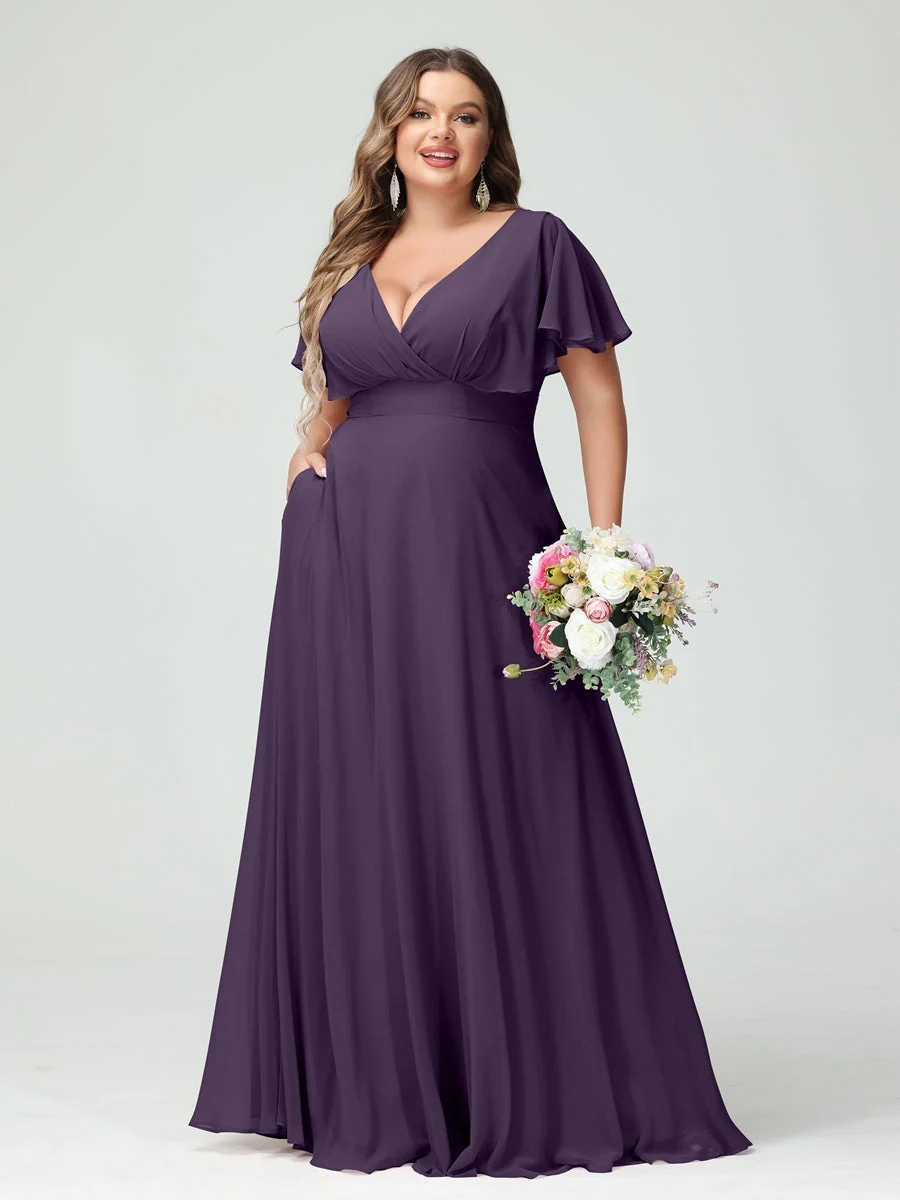 A-Line/Princess V-Neck Short Sleeves Chiffon Plus Size Bridesmaid Dresses with Pockets - Image 45