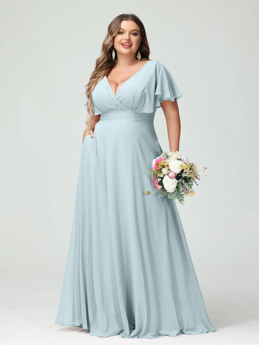 A-Line/Princess V-Neck Short Sleeves Chiffon Plus Size Bridesmaid Dresses with Pockets - Image 47