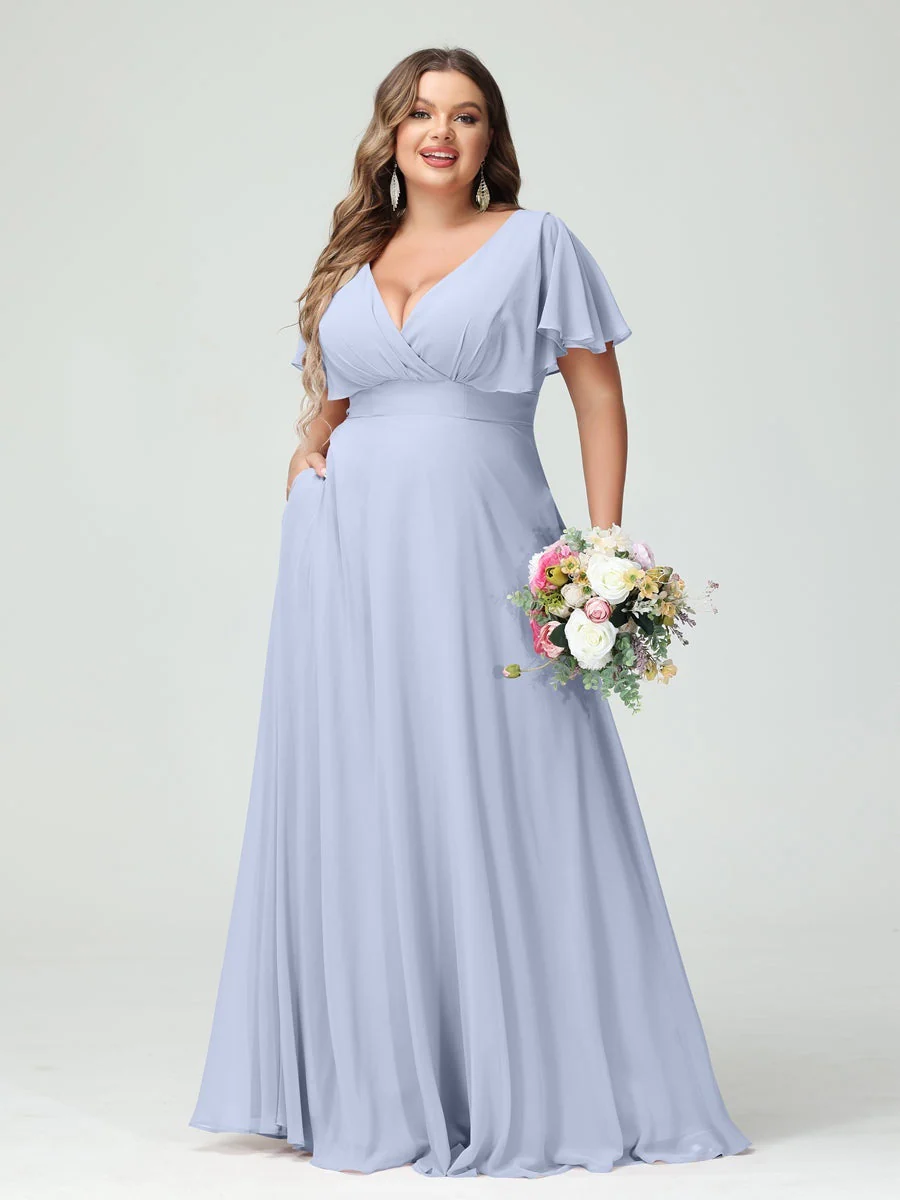 A-Line/Princess V-Neck Short Sleeves Chiffon Plus Size Bridesmaid Dresses with Pockets - Image 48