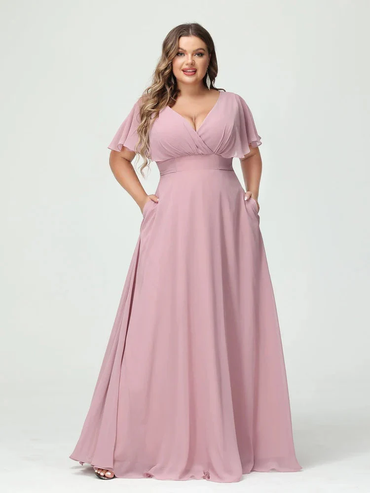 A-Line/Princess V-Neck Short Sleeves Chiffon Plus Size Bridesmaid Dresses with Pockets - Image 5