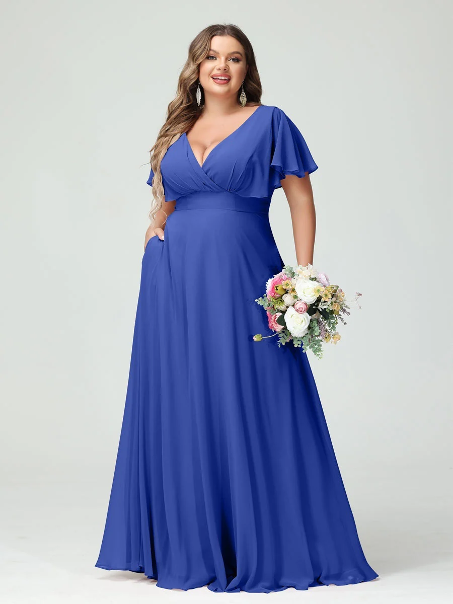A-Line/Princess V-Neck Short Sleeves Chiffon Plus Size Bridesmaid Dresses with Pockets - Image 54