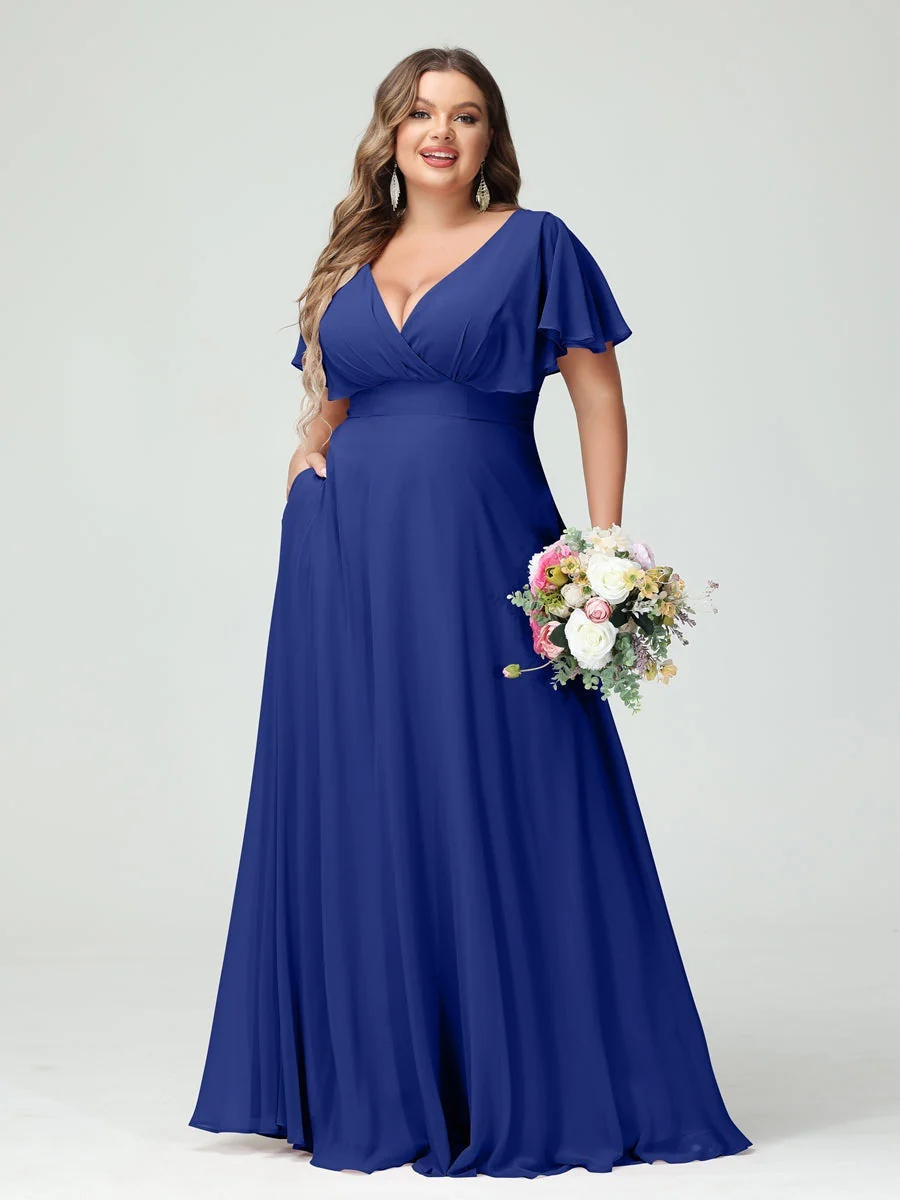 A-Line/Princess V-Neck Short Sleeves Chiffon Plus Size Bridesmaid Dresses with Pockets - Image 56