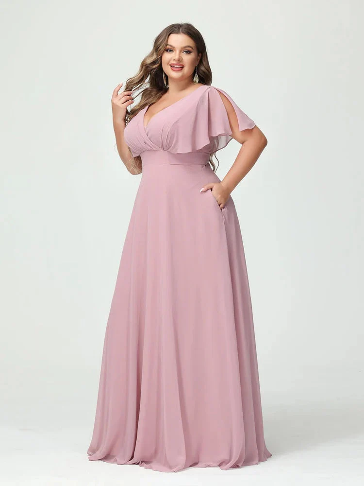 A-Line/Princess V-Neck Short Sleeves Chiffon Plus Size Bridesmaid Dresses with Pockets - Image 6