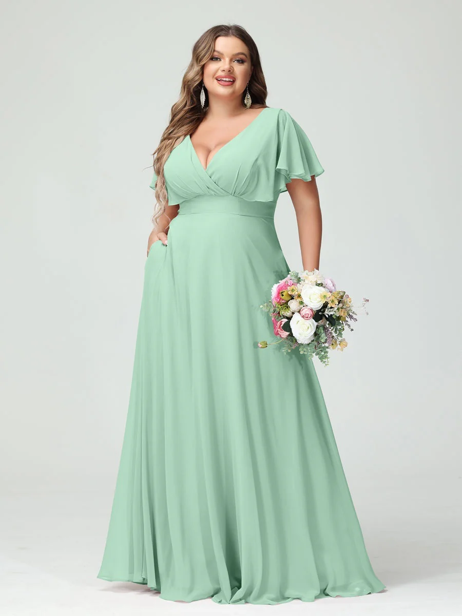 A-Line/Princess V-Neck Short Sleeves Chiffon Plus Size Bridesmaid Dresses with Pockets - Image 61
