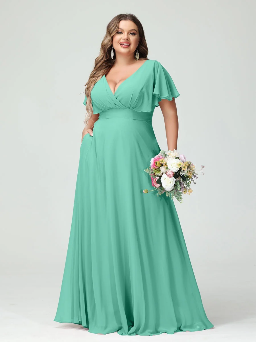 A-Line/Princess V-Neck Short Sleeves Chiffon Plus Size Bridesmaid Dresses with Pockets - Image 62