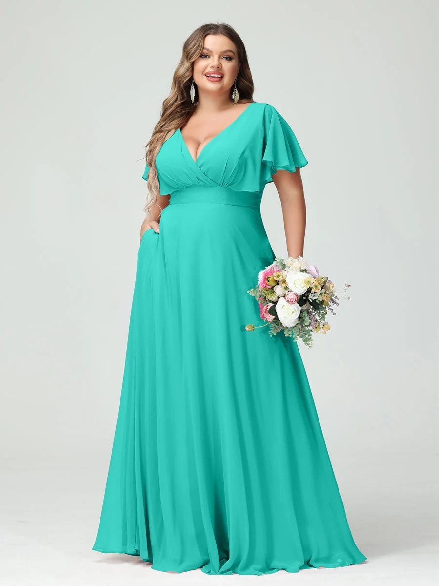 A-Line/Princess V-Neck Short Sleeves Chiffon Plus Size Bridesmaid Dresses with Pockets - Image 63