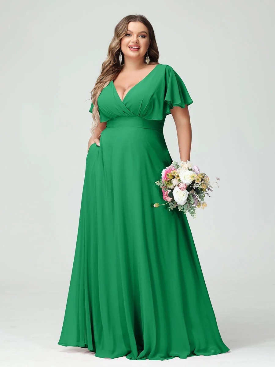 A-Line/Princess V-Neck Short Sleeves Chiffon Plus Size Bridesmaid Dresses with Pockets - Image 64