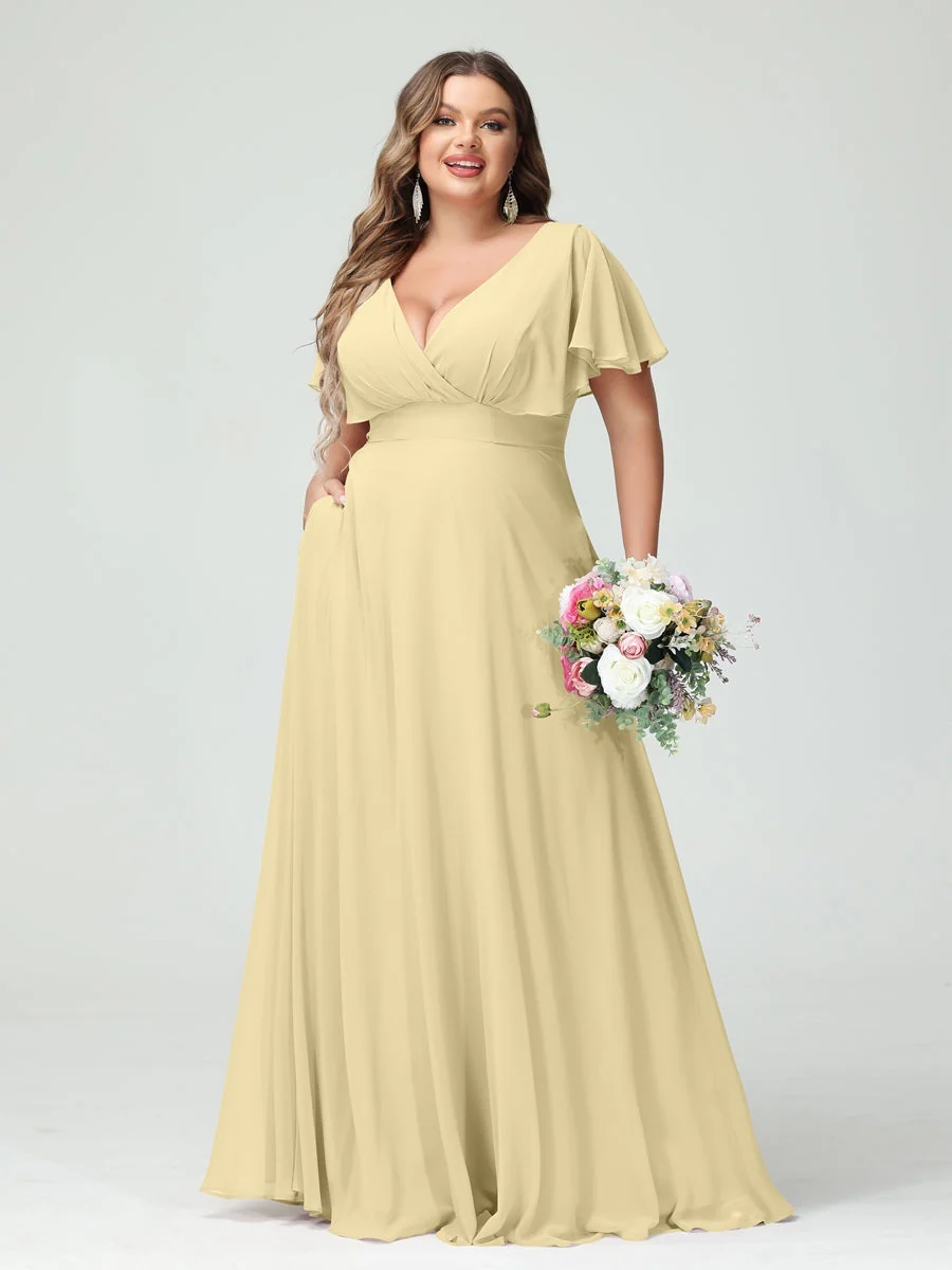 A-Line/Princess V-Neck Short Sleeves Chiffon Plus Size Bridesmaid Dresses with Pockets - Image 68
