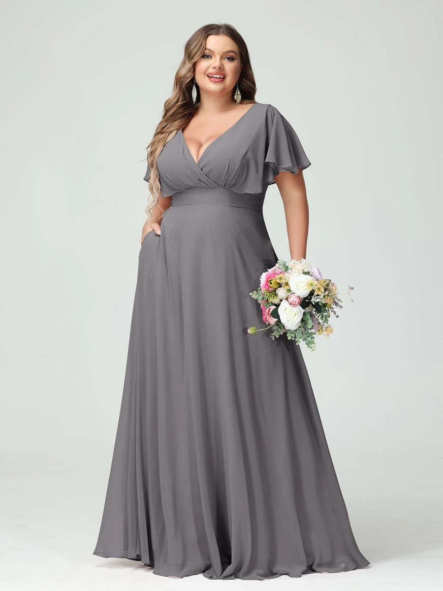 A-Line/Princess V-Neck Short Sleeves Chiffon Plus Size Bridesmaid Dresses with Pockets - Image 74