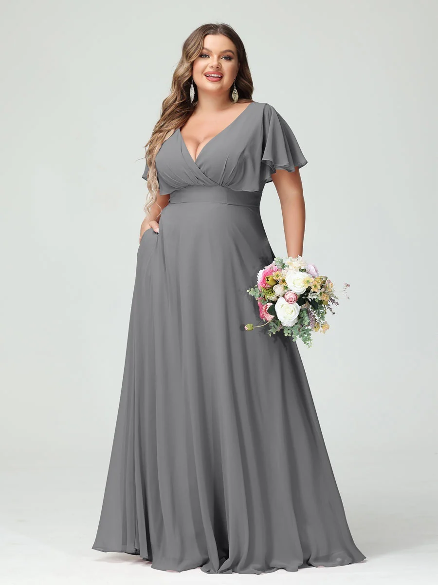 A-Line/Princess V-Neck Short Sleeves Chiffon Plus Size Bridesmaid Dresses with Pockets - Image 75