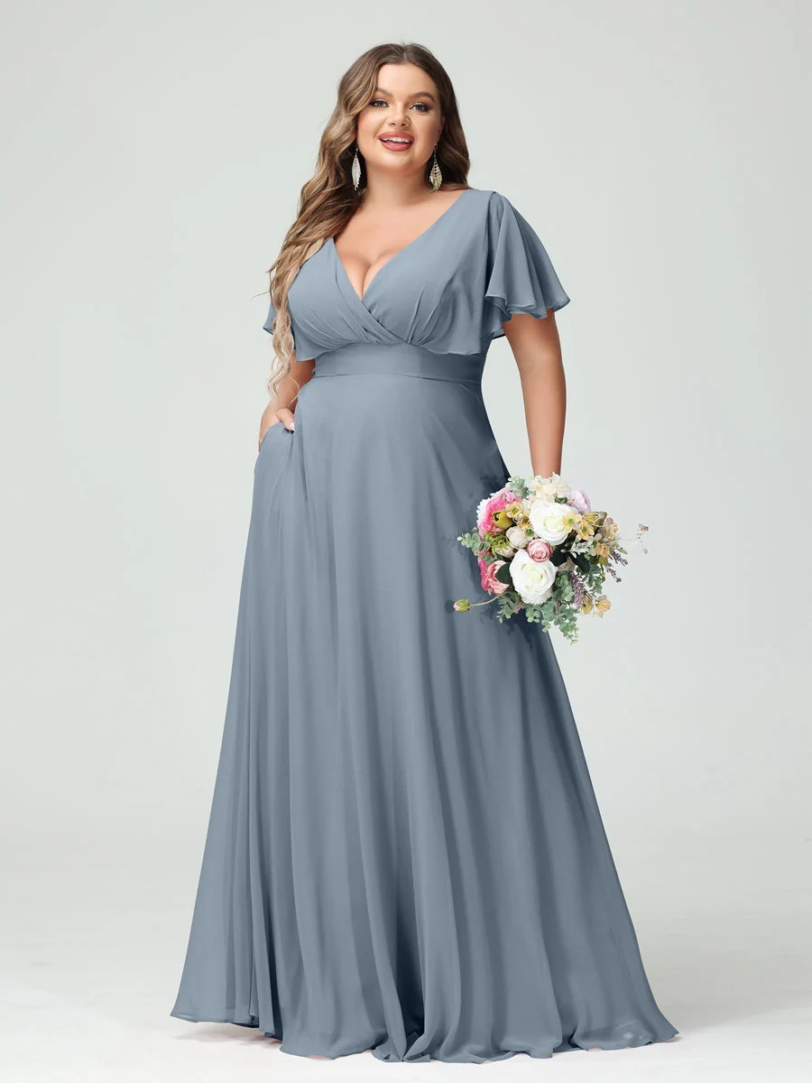 A-Line/Princess V-Neck Short Sleeves Chiffon Plus Size Bridesmaid Dresses with Pockets - Image 8