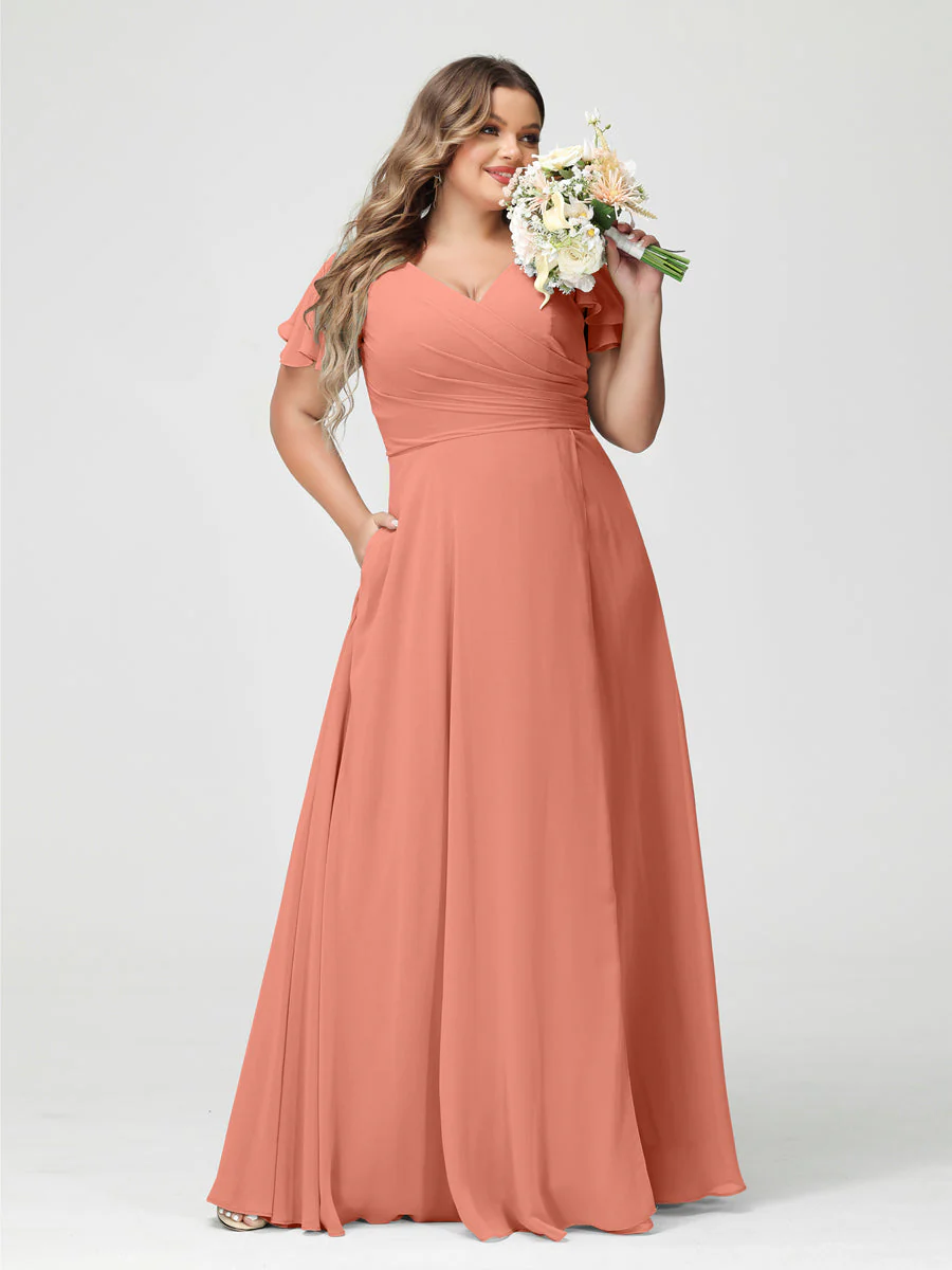 A-Line/Princess V-Neck Short Sleeves Chiffon Plus Size Bridesmaid Dresses with Pockets & Split Side - Image 16