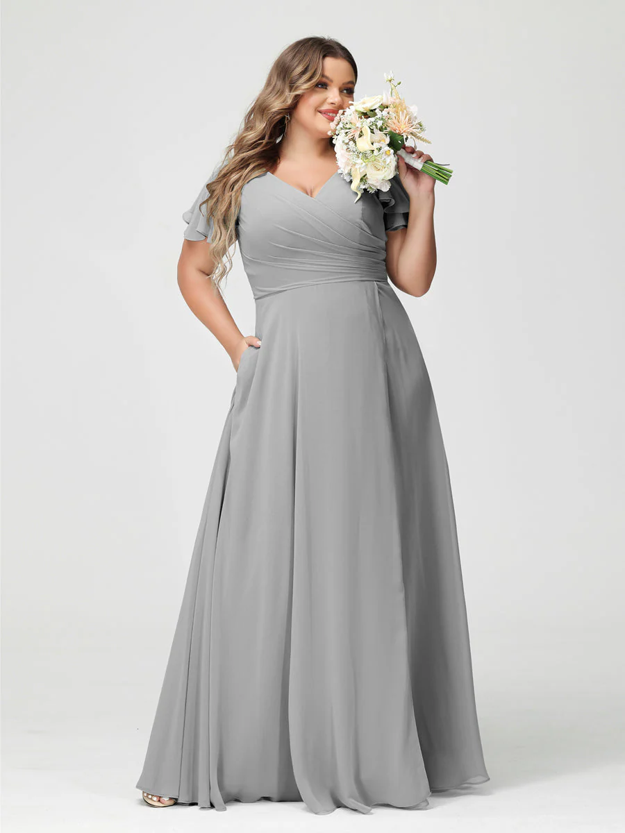 A-Line/Princess V-Neck Short Sleeves Chiffon Plus Size Bridesmaid Dresses with Pockets & Split Side - Image 23