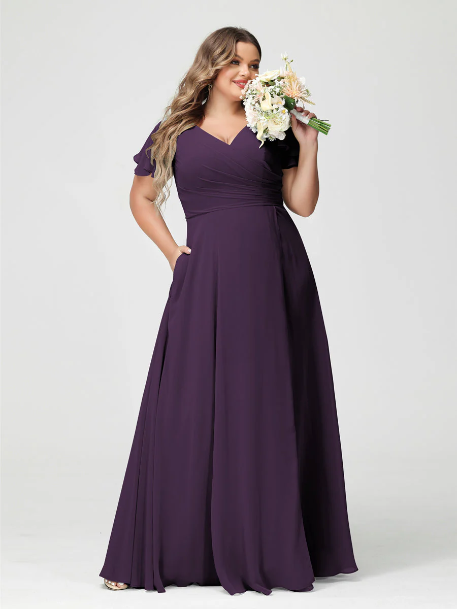 A-Line/Princess V-Neck Short Sleeves Chiffon Plus Size Bridesmaid Dresses with Pockets & Split Side - Image 47