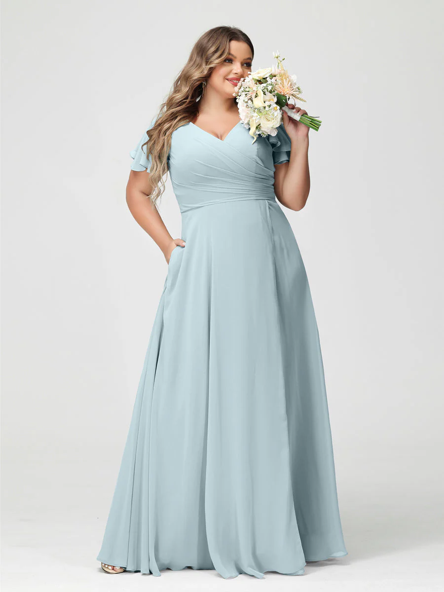 A-Line/Princess V-Neck Short Sleeves Chiffon Plus Size Bridesmaid Dresses with Pockets & Split Side - Image 48