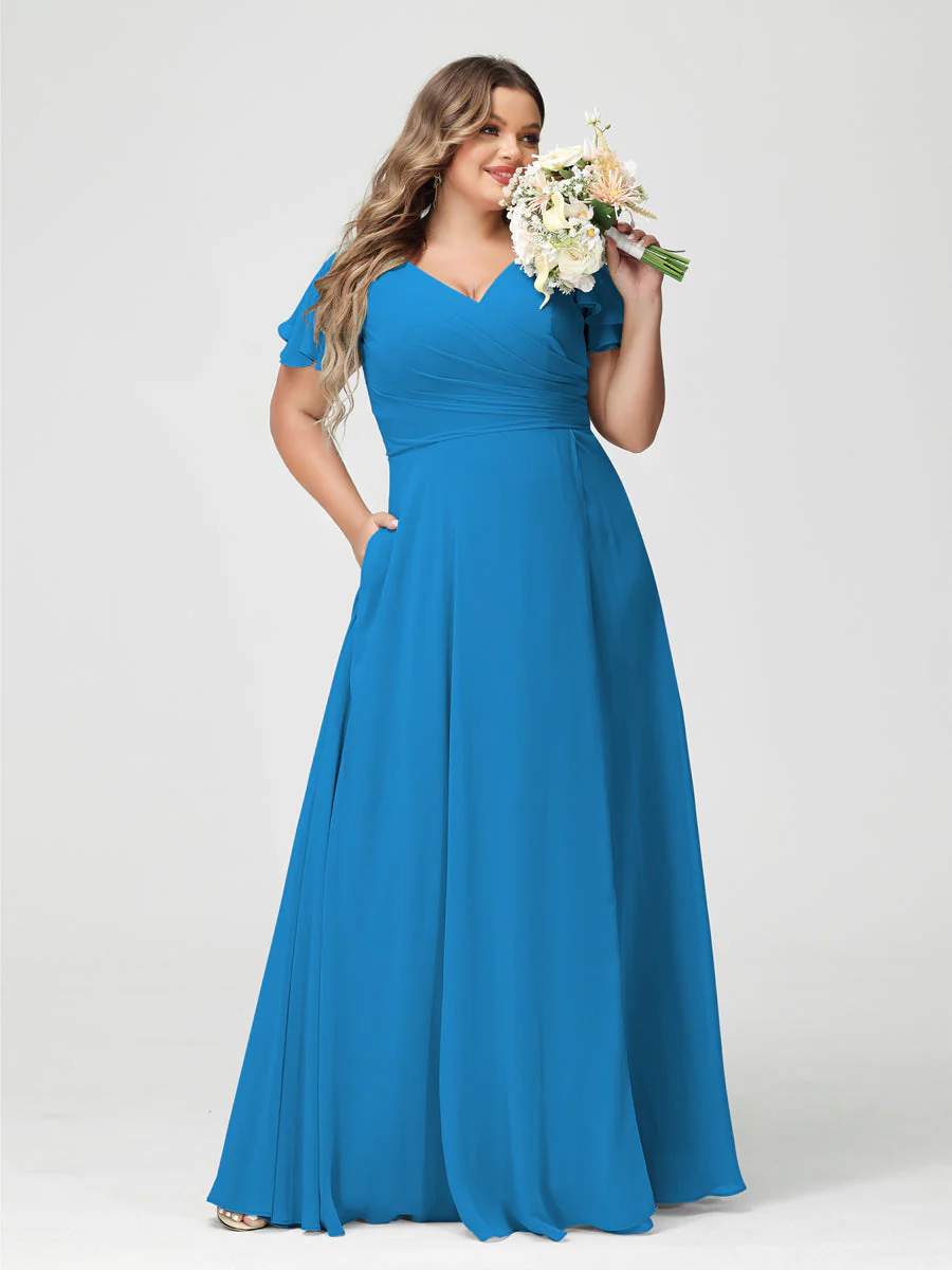 A-Line/Princess V-Neck Short Sleeves Chiffon Plus Size Bridesmaid Dresses with Pockets & Split Side - Image 54
